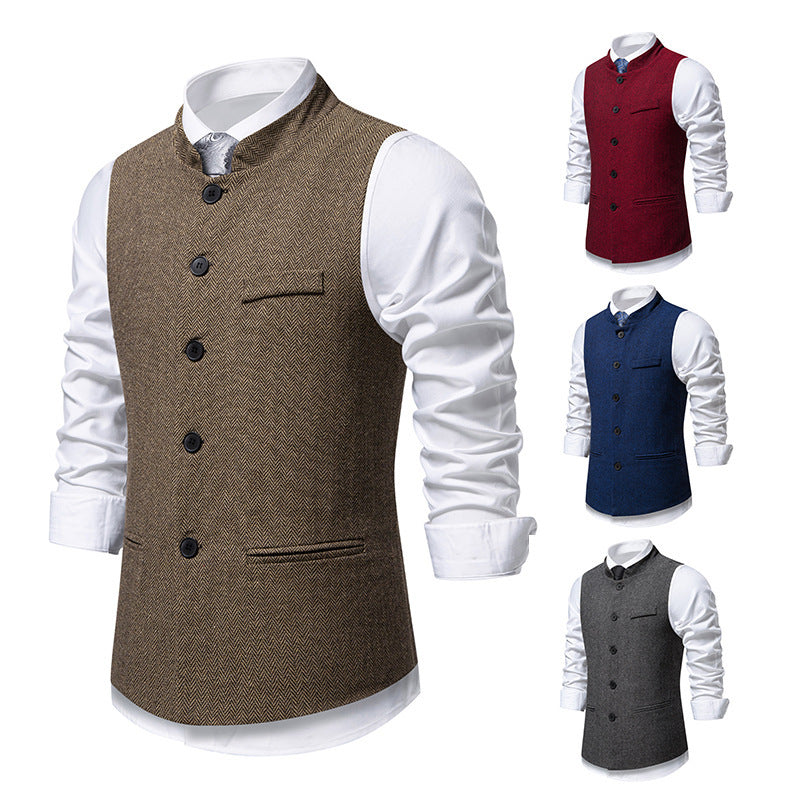 New Men's Retro Stand Collar Herringbone Senior Solid Color Suit Vest