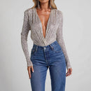Glamorous Sequin Jumpsuit for Women – Long Sleeve Deep V