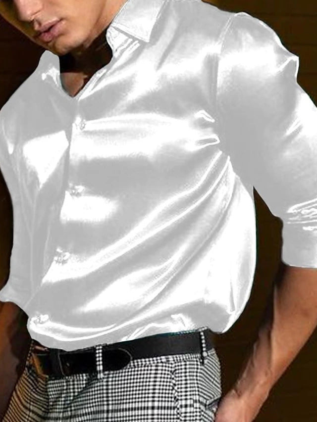 Men's Shirt Fashion Shiny Surface Lapel Long Sleeve Solid Color