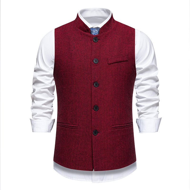 New Men's Retro Stand Collar Herringbone Senior Solid Color Suit Vest